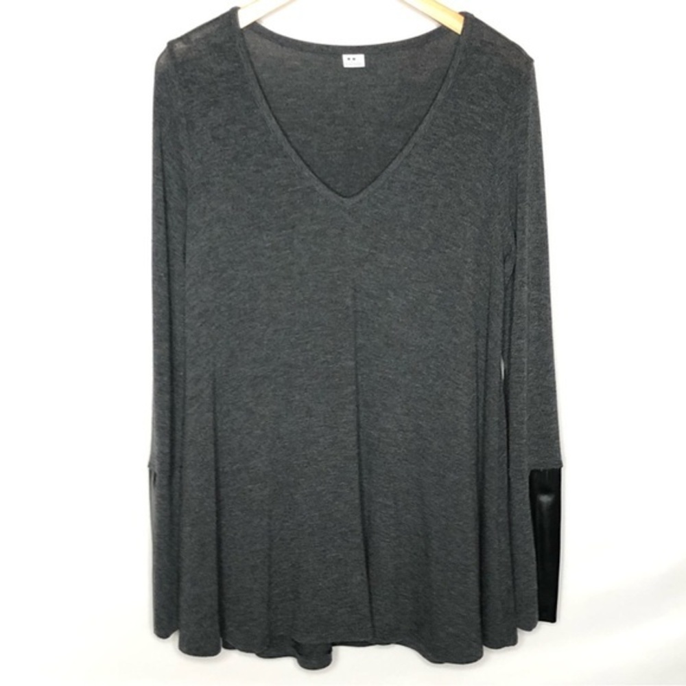Three Dots Gray Long Sleeve Tunic Top Large Black Faux Leather Sleeve Cuffs